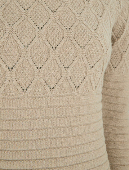 Pull droit uni en maille effet quadrillé - Taupe - 3