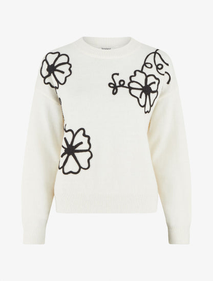 Pull droit à fleurs brodées - Blanc - 1