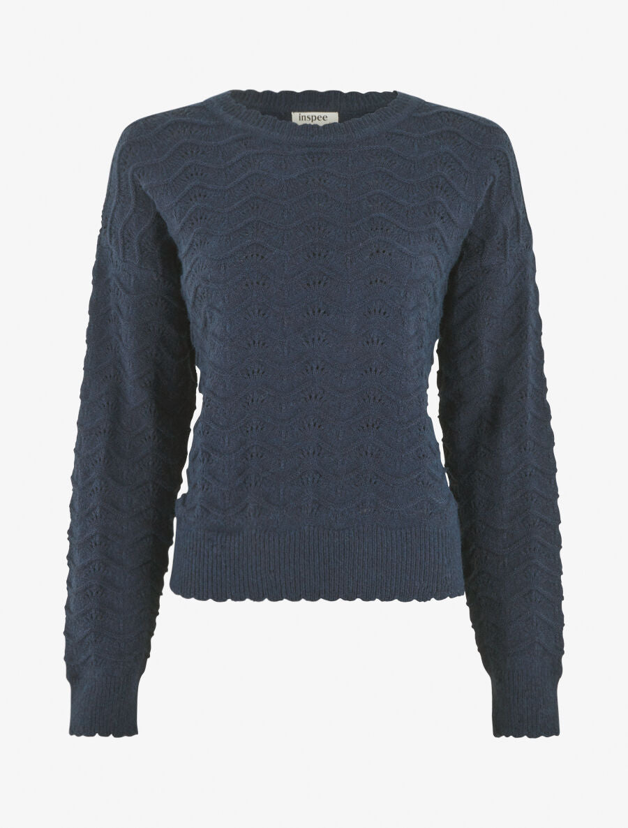 Pull uni coupe droite maille fantaisie - Marine - 4