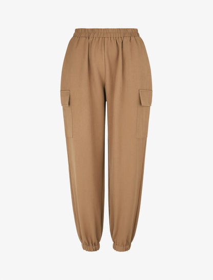 Pantalon fluide uni à bords élastiqués - Camel - 1