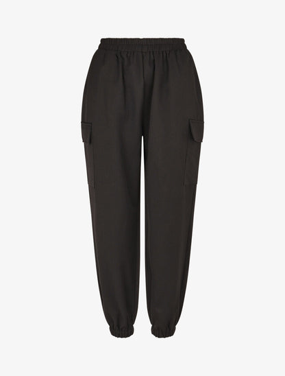 Pantalon fluide uni à bords élastiqués - Noir - 1