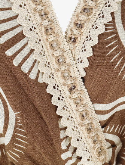 Robe longue à manches courtes imprimé fantaisie - Marron - 3