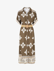 Robe chemise longue manches courtes imprimé floral - Taupe - 1