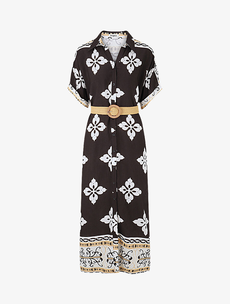 Robe chemise longue manches courtes imprimé floral - Noir - 1