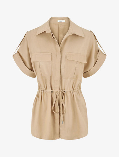 Ensemble chemise et pantalon uni effet lin - Beige - 3