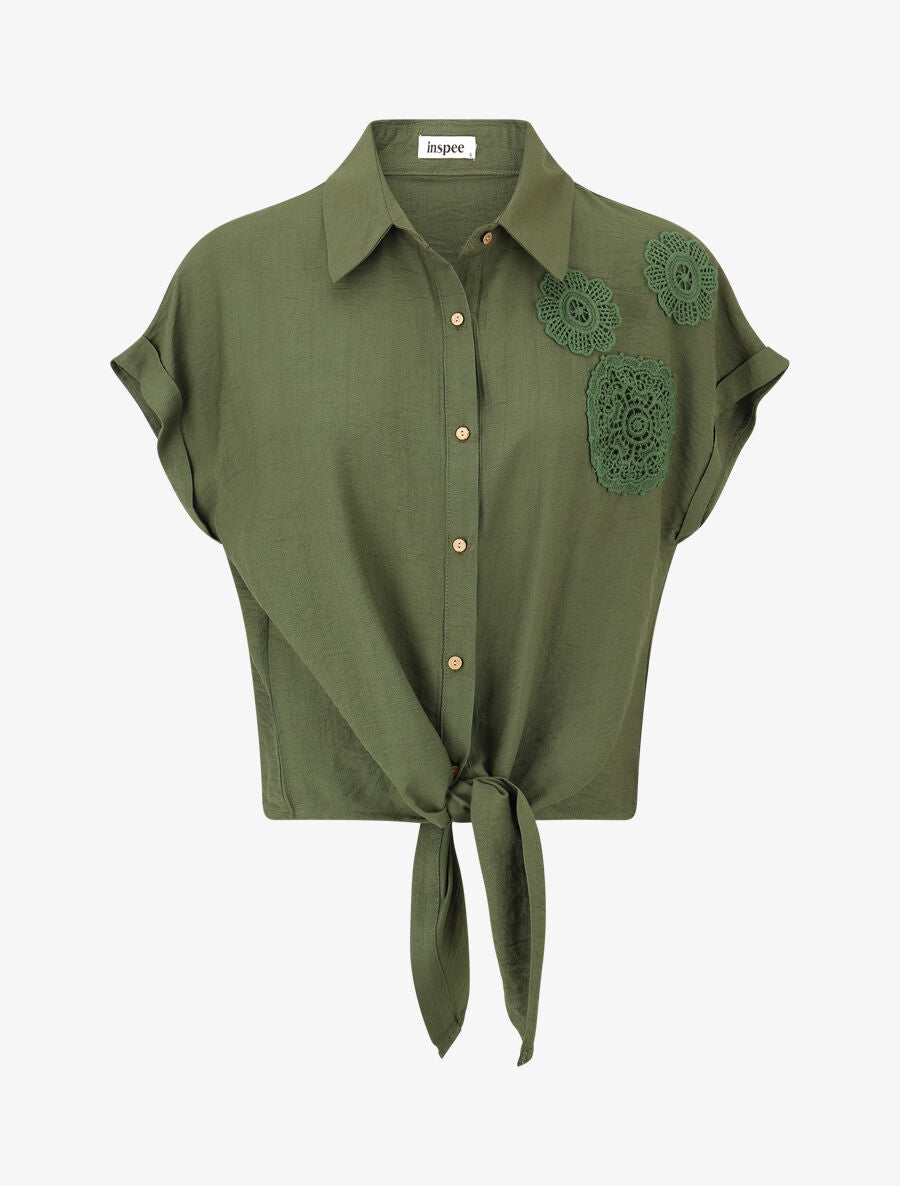 Chemise manches courtes à empiècements en crochet et noeud - Kaki - 1