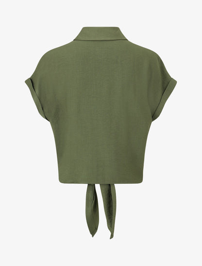 Chemise manches courtes à empiècements en crochet et noeud - Kaki - 2