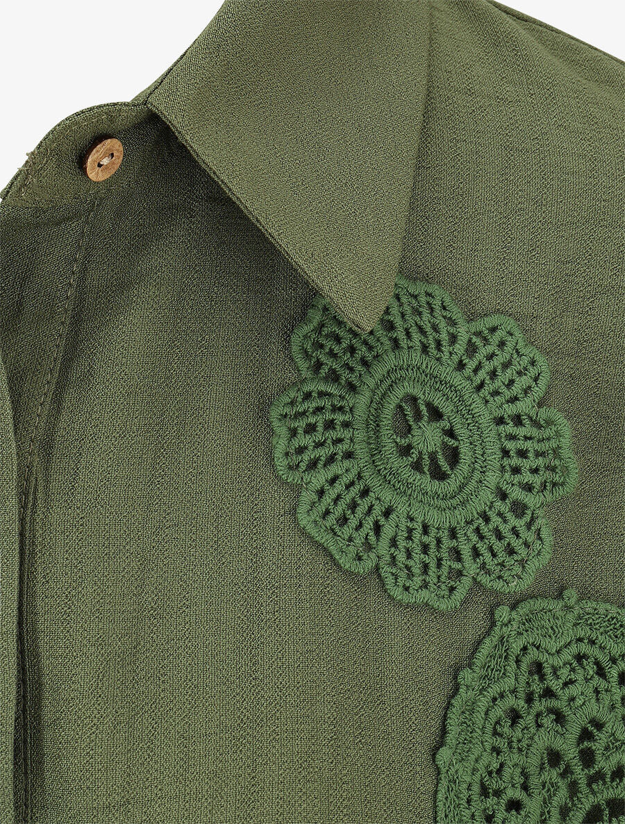 Chemise manches courtes à empiècements en crochet et noeud - Kaki - 3
