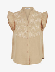 Blouse brodée sans manches à épaules volantées - Beige - 1