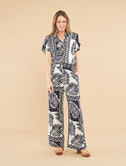 Ensemble chemise et pantalon imprimé tropical - Marine - 1