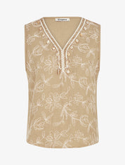 Top brodé sans manches col V à grelots - Beige - 1
