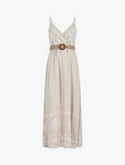Robe longue à fines bretelles et broderies - Beige - 1