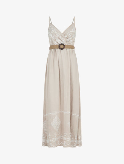 Robe longue à fines bretelles et broderies - Beige - 1