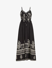Robe longue à fines bretelles imprimé ethnique - Noir - 1