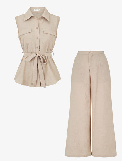 Ensemble top sans manches et pantalon - Beige - 1