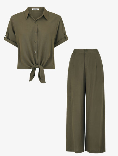 Ensemble top à nouer et pantalon - Kaki - 1