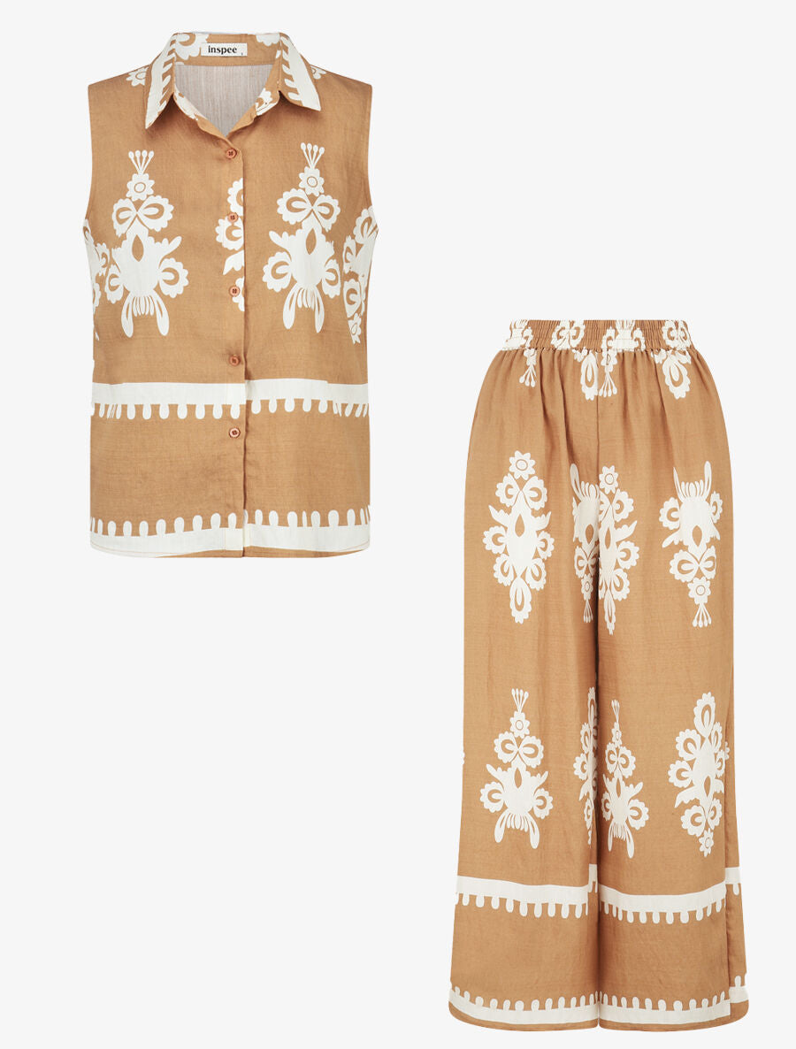 Ensemble top sans manches et pantalon imprimé ikat - Camel - 7