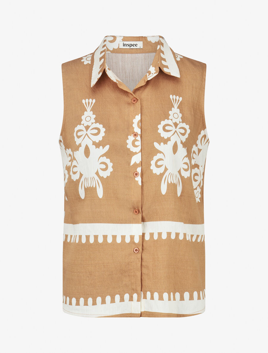 Ensemble top sans manches et pantalon imprimé ikat - Camel - 2