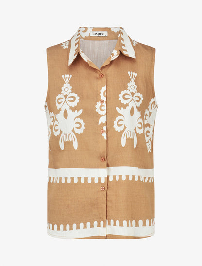 Ensemble top sans manches et pantalon imprimé ikat - Camel - 2