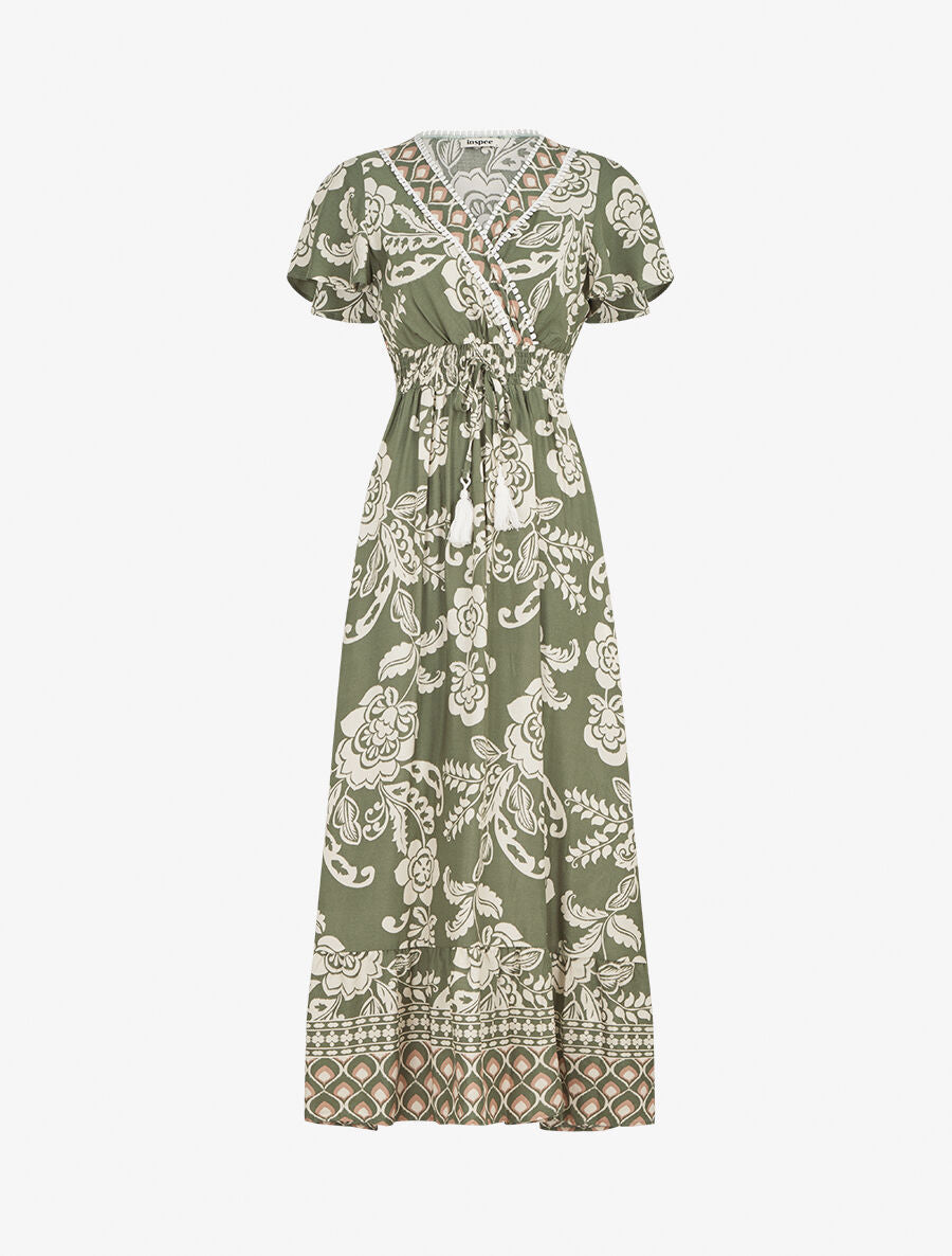 Robe longue fleurie à manches courtes - Vert - 1