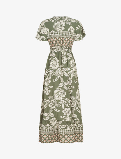 Robe longue fleurie à manches courtes - Vert - 2