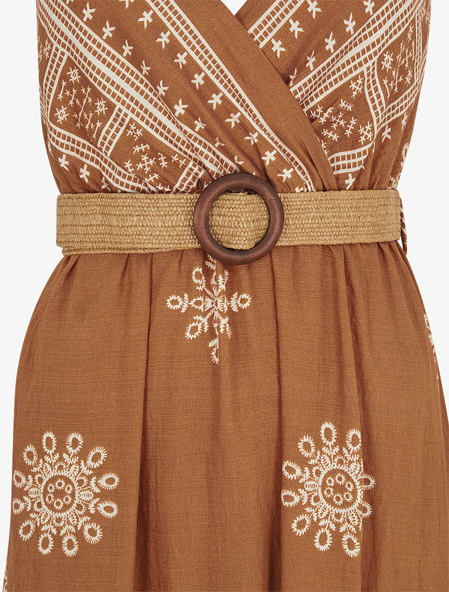 Robe longue à fines bretelles à motif fantaisie - Camel - 3