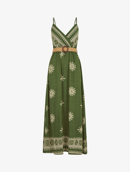 Robe longue à fines bretelles à motif fantaisie - Vert - 1