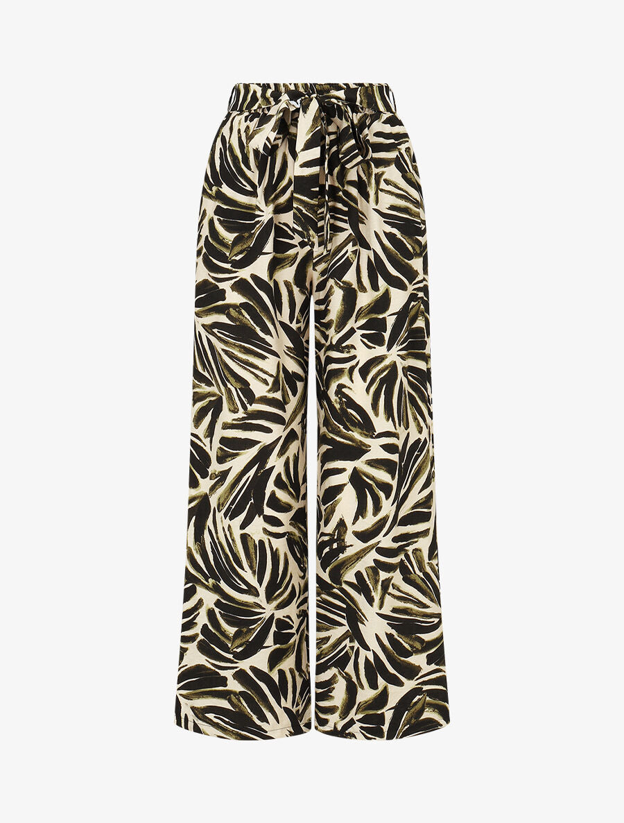 Pantalon imprimé abstrait à taille haute élastiquée - Kaki - 1