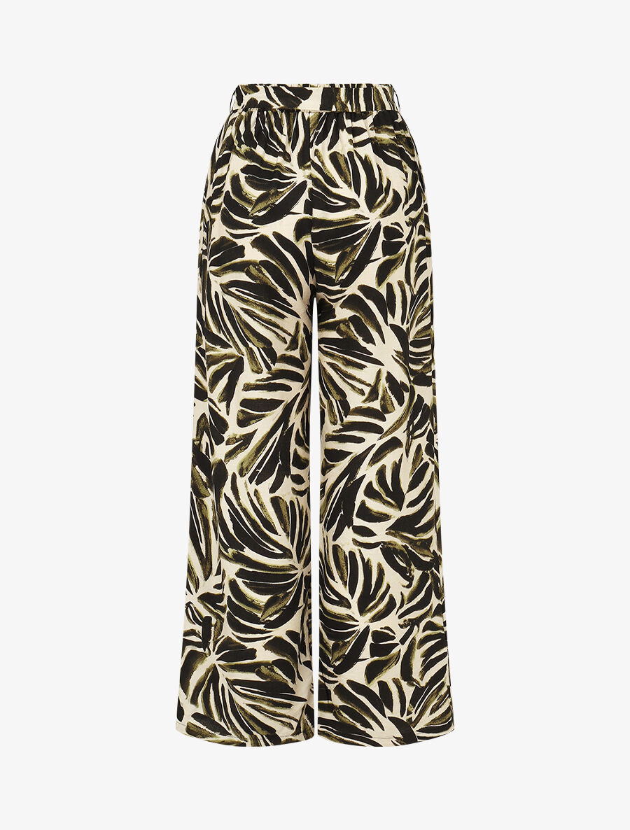 Pantalon imprimé abstrait à taille haute élastiquée - Kaki - 2