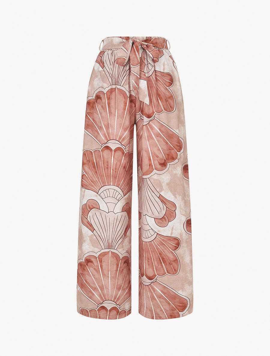 Pantalon imprimé éventails à taille haute élastiquée - Marron clair - 1