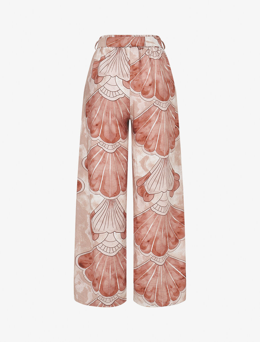 Pantalon imprimé éventails à taille haute élastiquée - Marron clair - 2