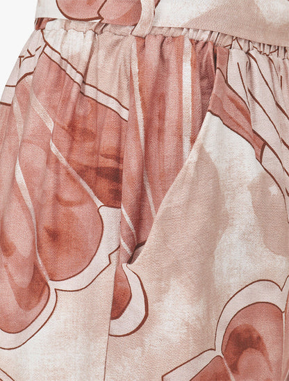 Pantalon imprimé éventails à taille haute élastiquée - Marron clair - 3