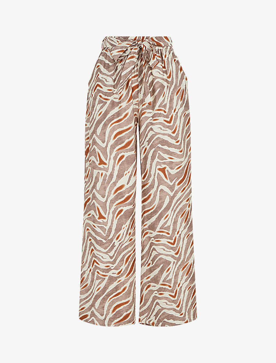 Pantalon imprimé fantaisie à taille haute élastiquée - Marron - 1