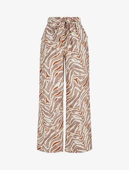 Pantalon imprimé fantaisie à taille haute élastiquée - Marron - 1