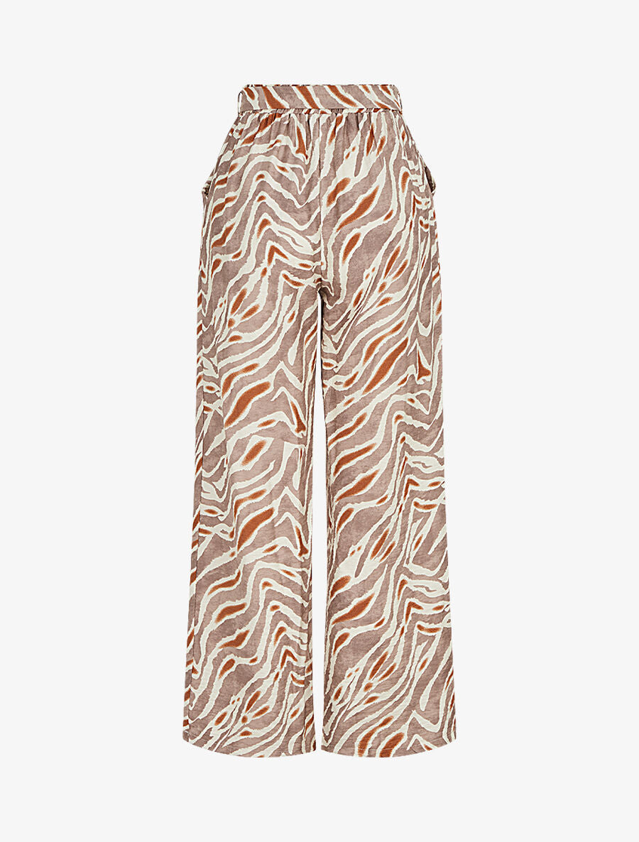 Pantalon imprimé fantaisie à taille haute élastiquée - Marron - 2