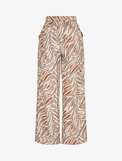 Pantalon imprimé fantaisie à taille haute élastiquée - Marron - 2