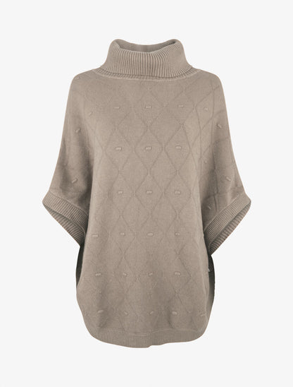 Poncho ample col roulé maille fantaisie - Taupe - 1