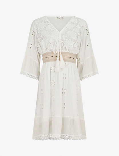 Robe bohème à dentelle fleurie - Blanc - 1