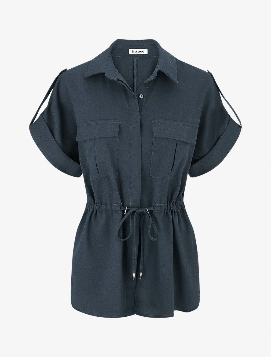 Chemise unie droite effet lin - Bleu pétrole - 1