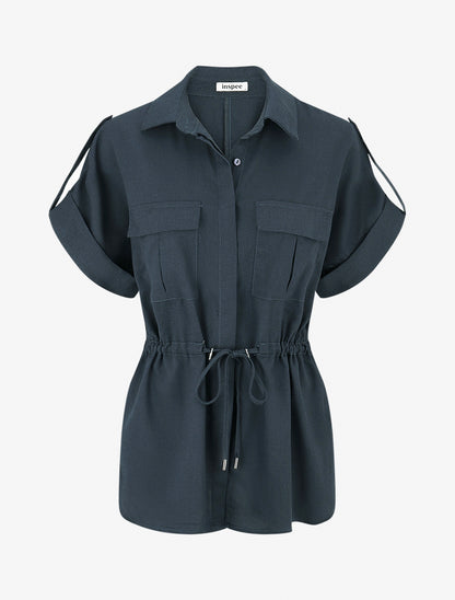 Chemise unie droite effet lin - Bleu pétrole - 1