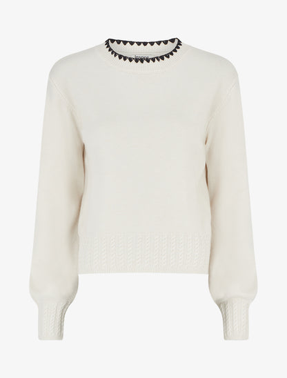 Pull droit à col rond brodé - Blanc - 1