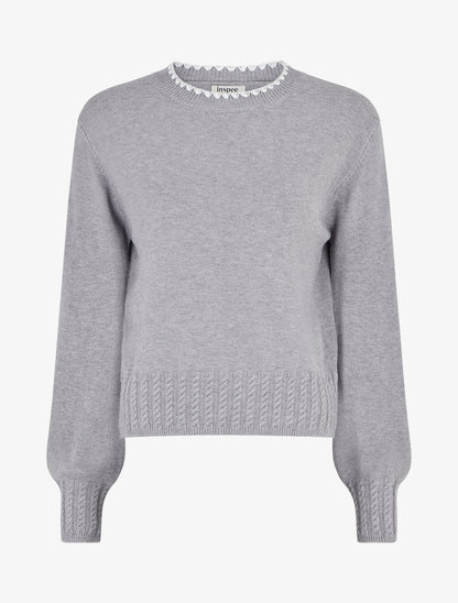 Pull droit à col rond brodé - Gris - 1