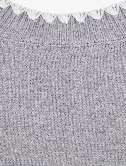 Pull droit à col rond brodé - Gris - 3