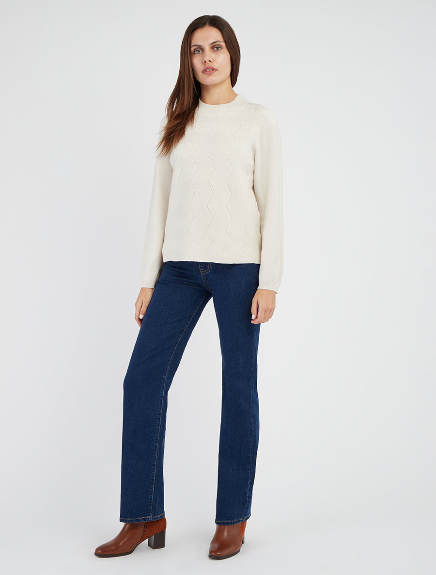 Maglione dritto a girocollo in maglia fantasia. - Ecrù