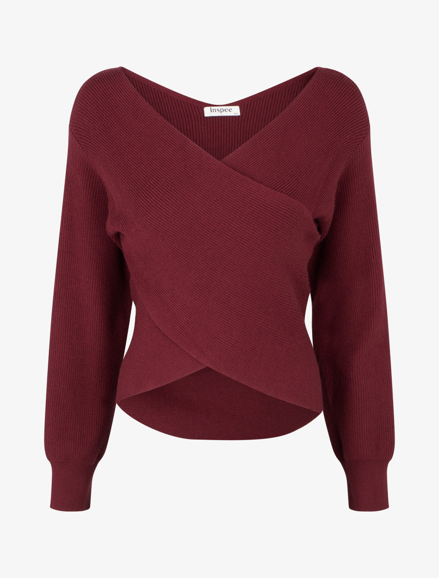 Maglia a coste unita con scollo a cuore. - Bordeaux