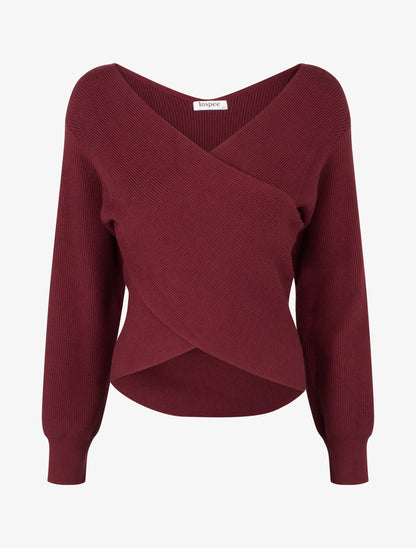 Maglia a coste unita con scollo a cuore. - Bordeaux