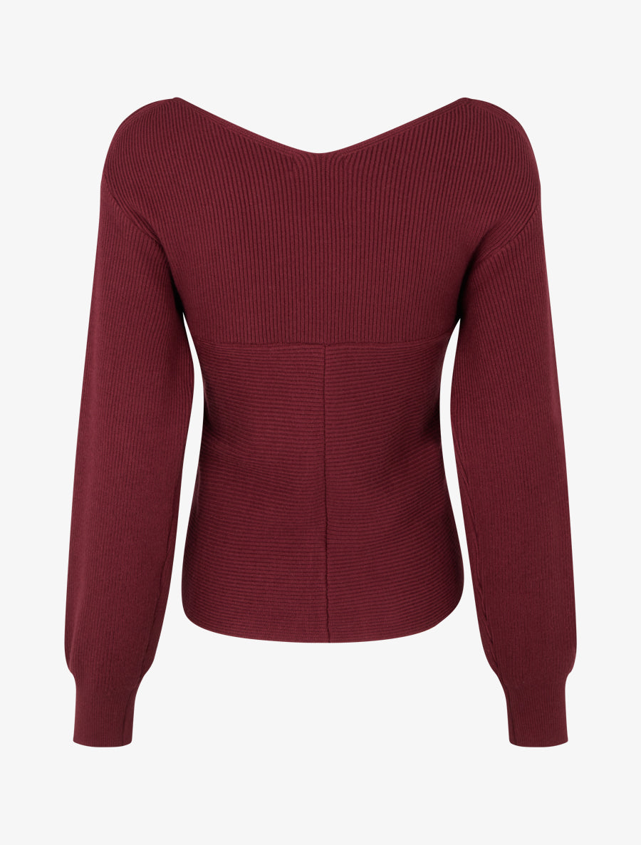 Maglia a coste unita con scollo a cuore. - Bordeaux