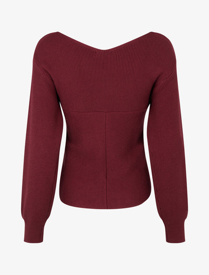 Maglia a coste unita con scollo a cuore. - Bordeaux