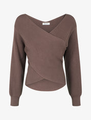 Maglia a coste unita con scollo a cuore. - Marrone
