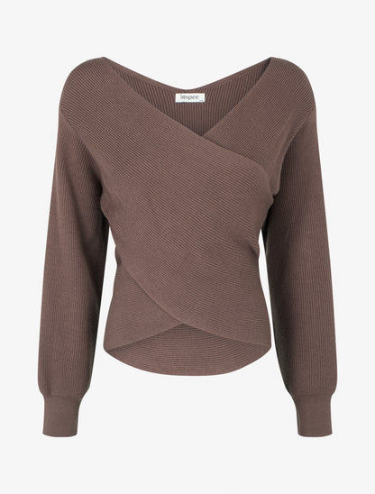 Maglia a coste unita con scollo a cuore. - Marrone